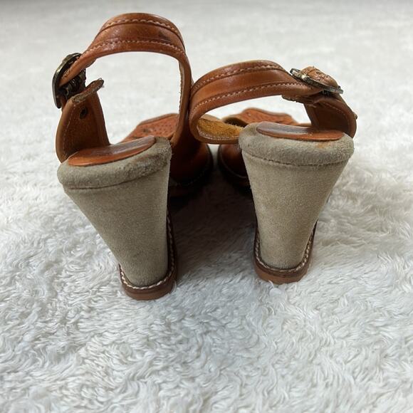 Vintage 70s Fanfares leather and suede peep toe wedge heels in Malt, size 6.5 - Picture 5 of 11
